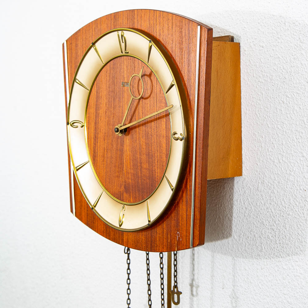 Mid Century Modern Wall Clock Teak Pendulum Weights Brixon Denmark Chime - Image 2