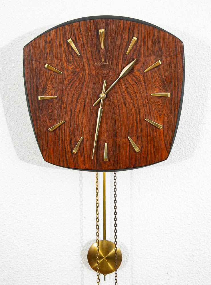 Mid Century Modern Wall Clock Rosewood Pendulum Weights Hanging Junghans Chime - Image 2