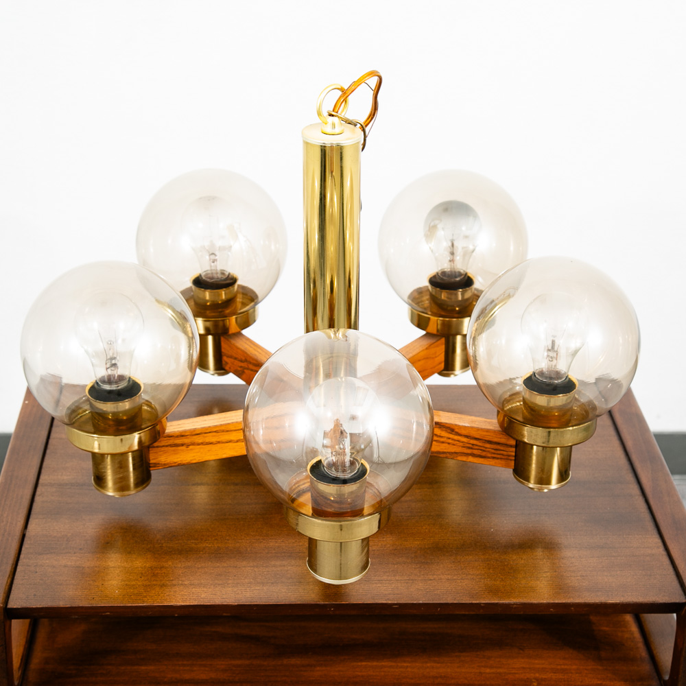 Mid Century Modern Chandelier Light Lamp Brass Oak Wood 5 Light Ceiling Glass - Image 4