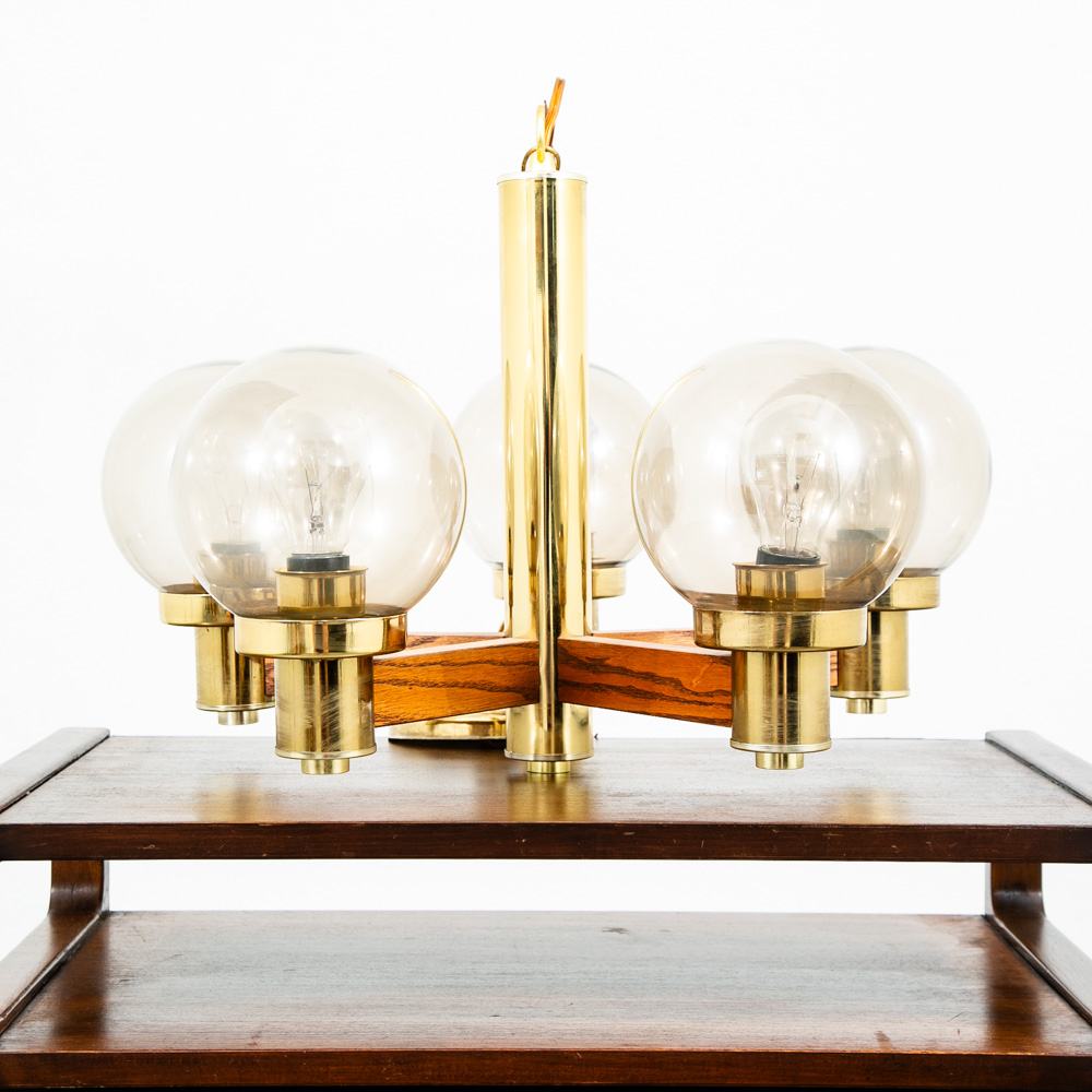 Mid Century Modern Chandelier Light Lamp Brass Oak Wood 5 Light Ceiling Glass