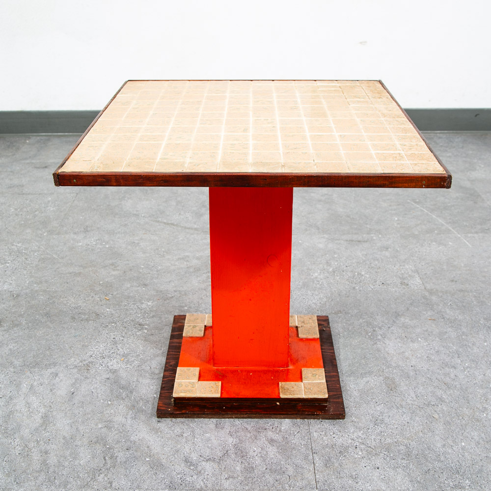 Mid Century Modern End Table Side Square Ceramic Vintage Wood Tile Orange Yellow - Image 2