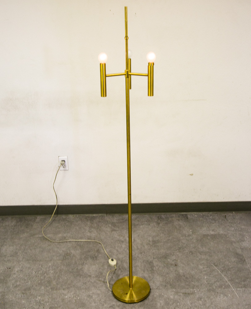 Mid Century Modern Floor Lamp Set Light Gold Brass 3 Light Atomic Vintage Round - Image 2