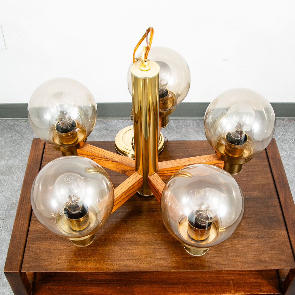 Mid Century Modern Chandelier Light Lamp Brass Oak Wood 5 Light Ceiling Glass - Image 2