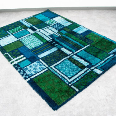 Mid Century Danish Modern Shag Rug Ege Rya Geometrical Blue Green 96x64 Wool