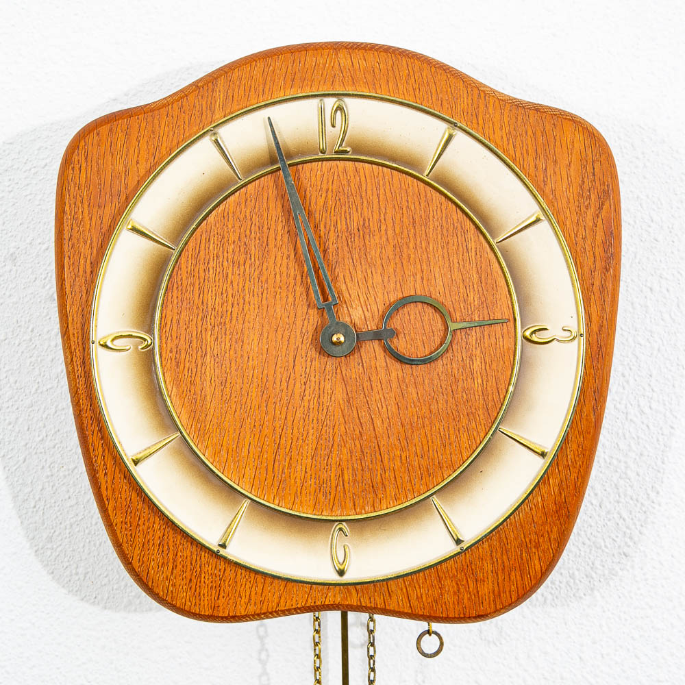Mid Century Modern Wall Clock Oak Pendulum Weights Brass Denmark Chime
