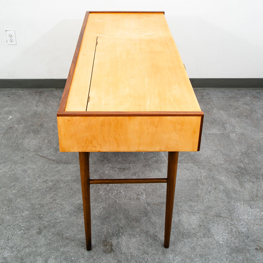 Mid Century Modern Vanity Desk Birch Walnut Drawers Mirror Italian Blonde Wood - Image 3