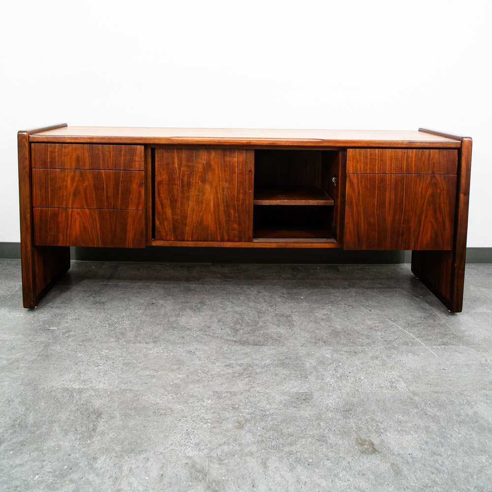 Mid Century Modern Credenza Oak Walnut 5 Drawer Wood Oak File Doors Vintage - Image 5