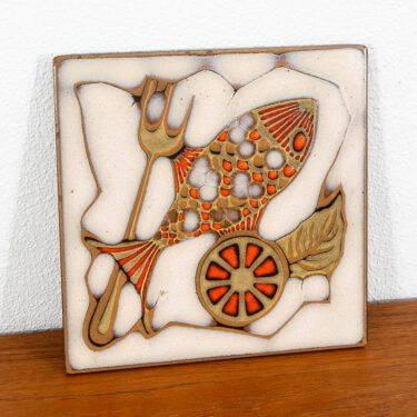 Mid Century Modern Trivet Tile Fiash Design Red Snapper Art Pottery Orange Italy