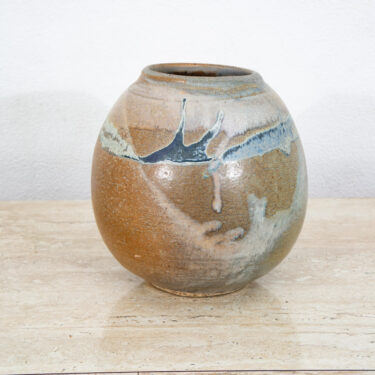Mid Century Modern Round Vase Blue Tan Glaze Studio Ceramic Weed Vintage Flower