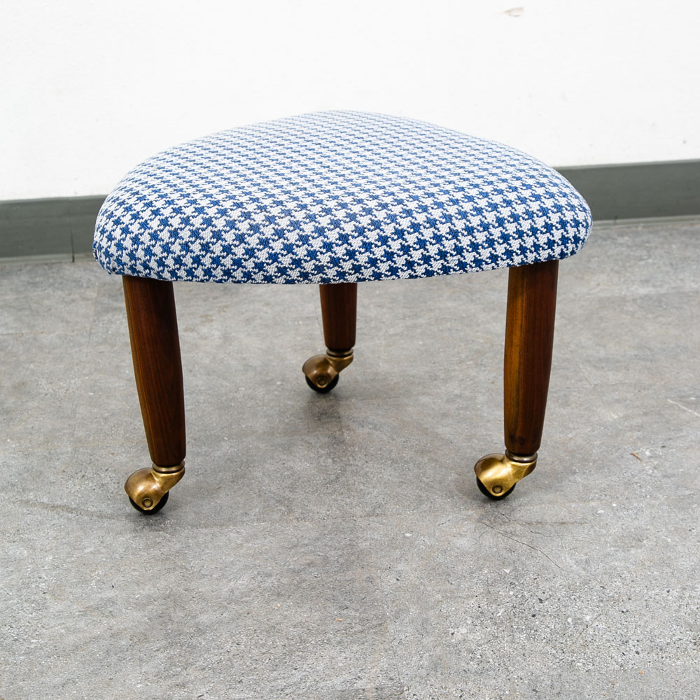 Mid Century Danish Modern Tripod Ottoman 3 legs Wood Rolling Blue White Triangle - Image 2