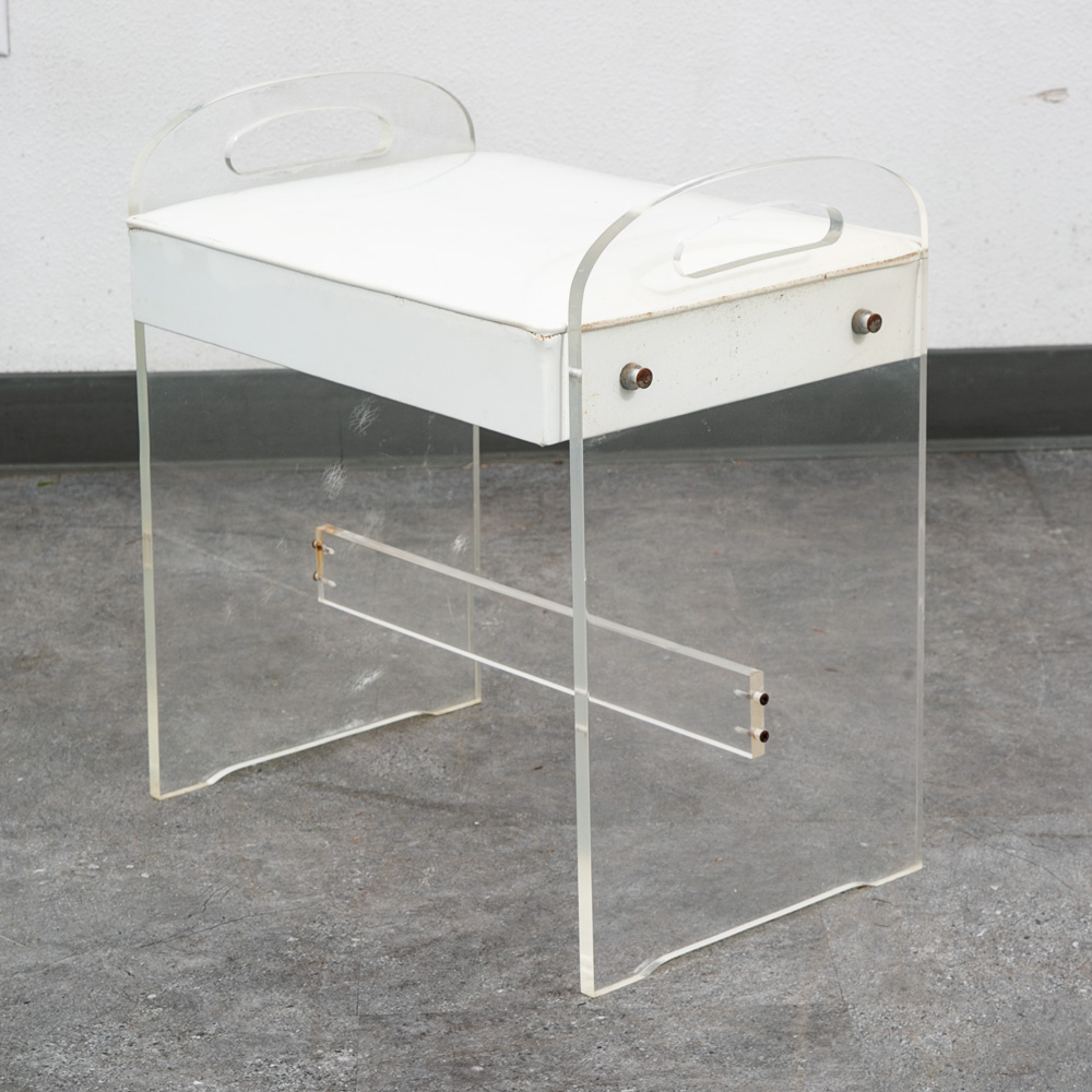 Mid Century Modern Stool Seat Vanity Lucite White Vintage Rectanfular Handles - Image 9