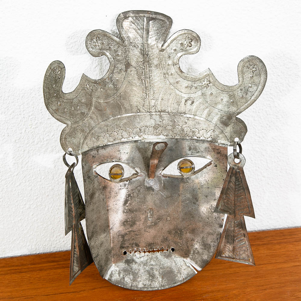 Mid Century Modern Tin Mask Wall Decor Mexican Folk Art Wall Hanging Silver - Image 6