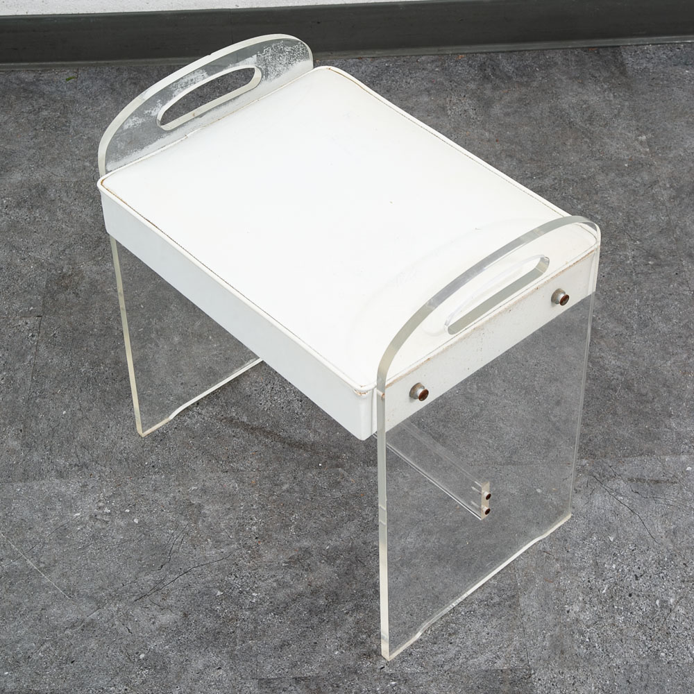 Mid Century Modern Stool Seat Vanity Lucite White Vintage Rectanfular Handles