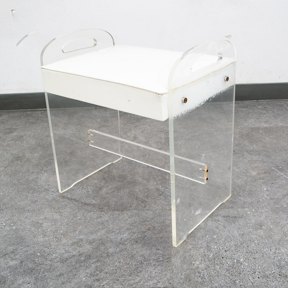 Mid Century Modern Stool Seat Vanity Lucite White Vintage Rectanfular Handles - Image 2