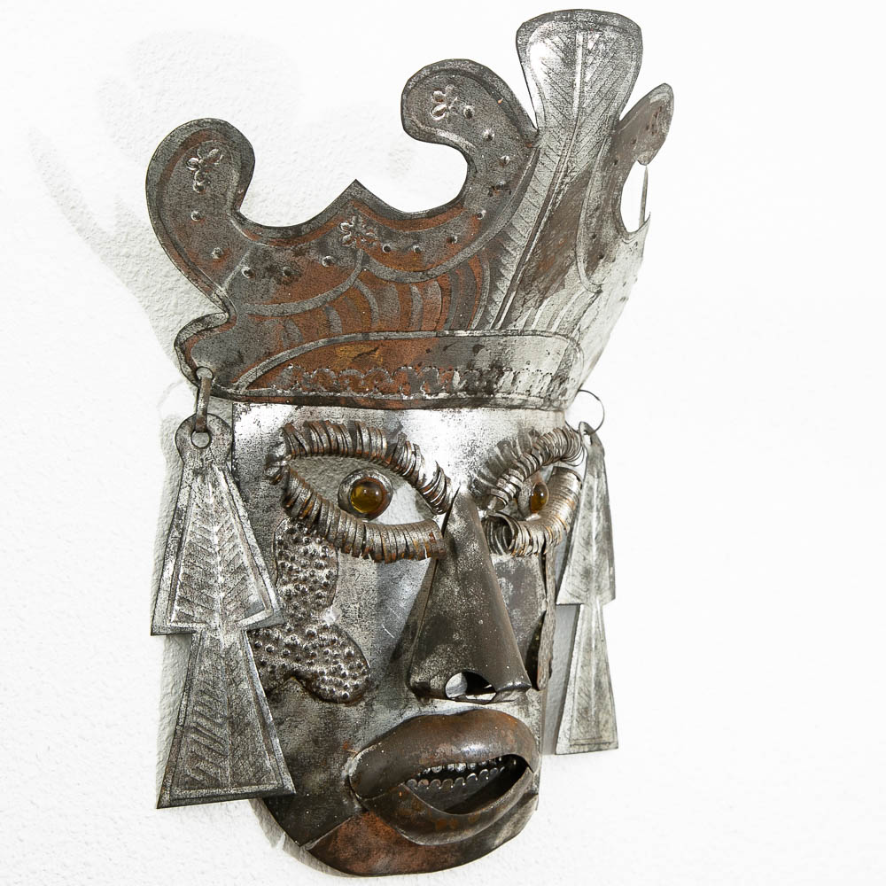 Mid Century Modern Tin Mask Wall Decor Mexican Folk Art Wall Hanging Silver - Image 3
