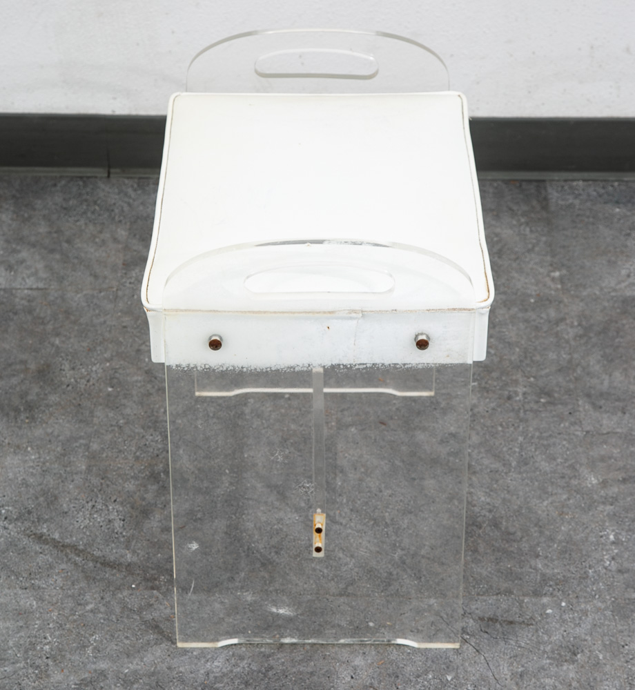 Mid Century Modern Stool Seat Vanity Lucite White Vintage Rectanfular Handles - Image 11