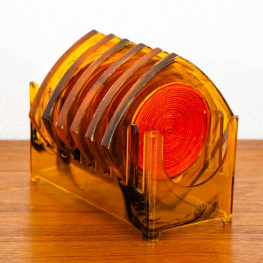 Mid Century Modern Lucite Coaster Set Orange Set of 6 Caddy Acrylic Swirl