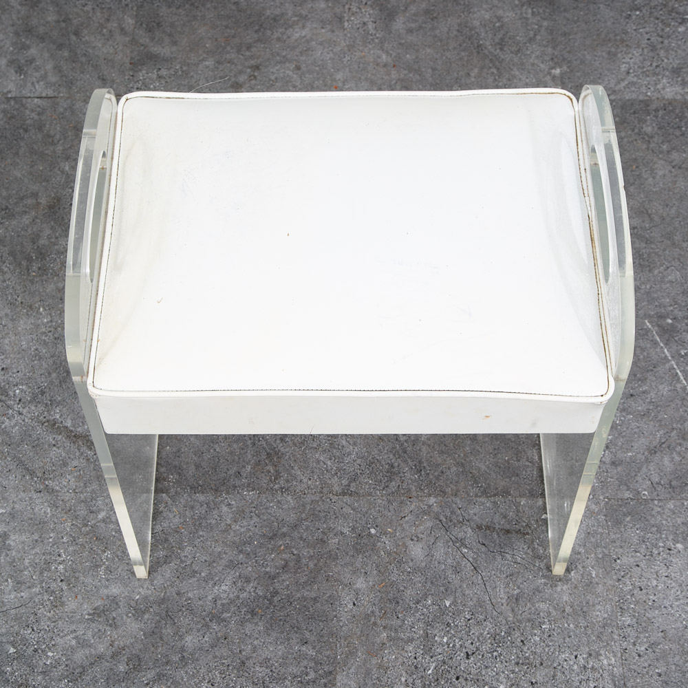 Mid Century Modern Stool Seat Vanity Lucite White Vintage Rectanfular Handles - Image 10