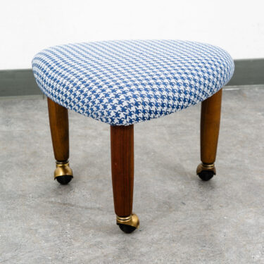 Mid Century Danish Modern Tripod Ottoman 3 legs Wood Rolling Blue White Triangle