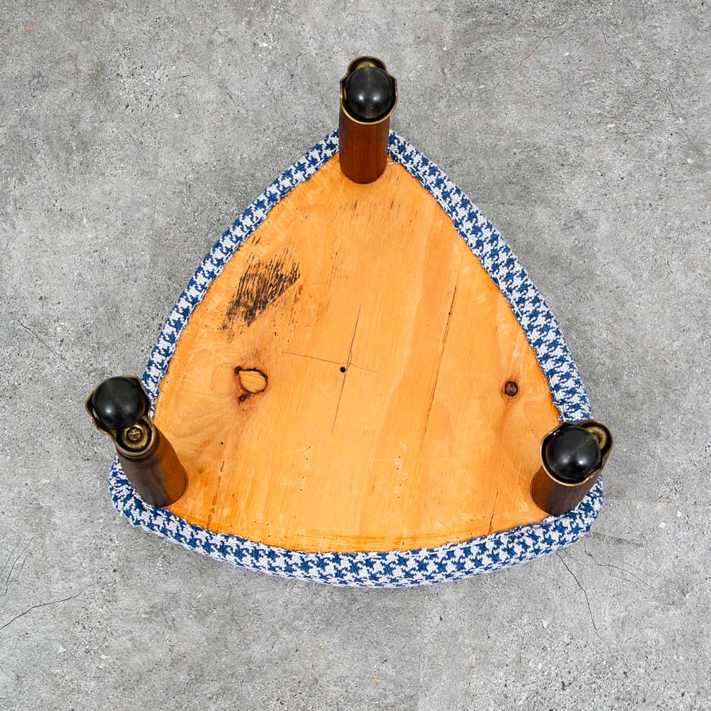 Mid Century Danish Modern Tripod Ottoman 3 legs Wood Rolling Blue White Triangle - Image 8