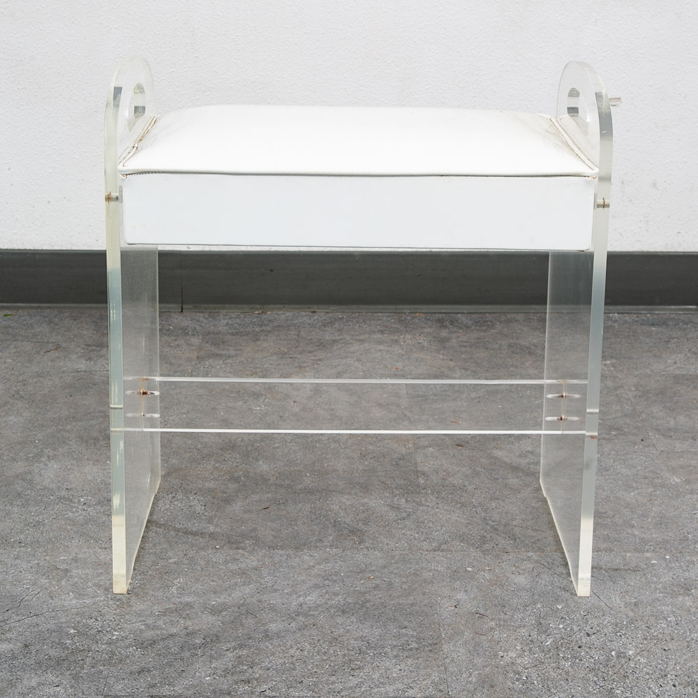 Mid Century Modern Stool Seat Vanity Lucite White Vintage Rectanfular Handles - Image 8