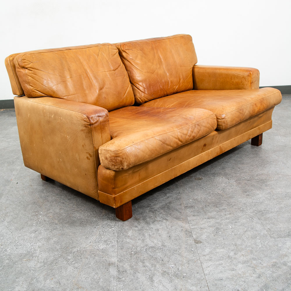 Mid Century Danish Modern Sofa Settee 2 Seater Tan Vante Leather Cognac Couch - Image 10