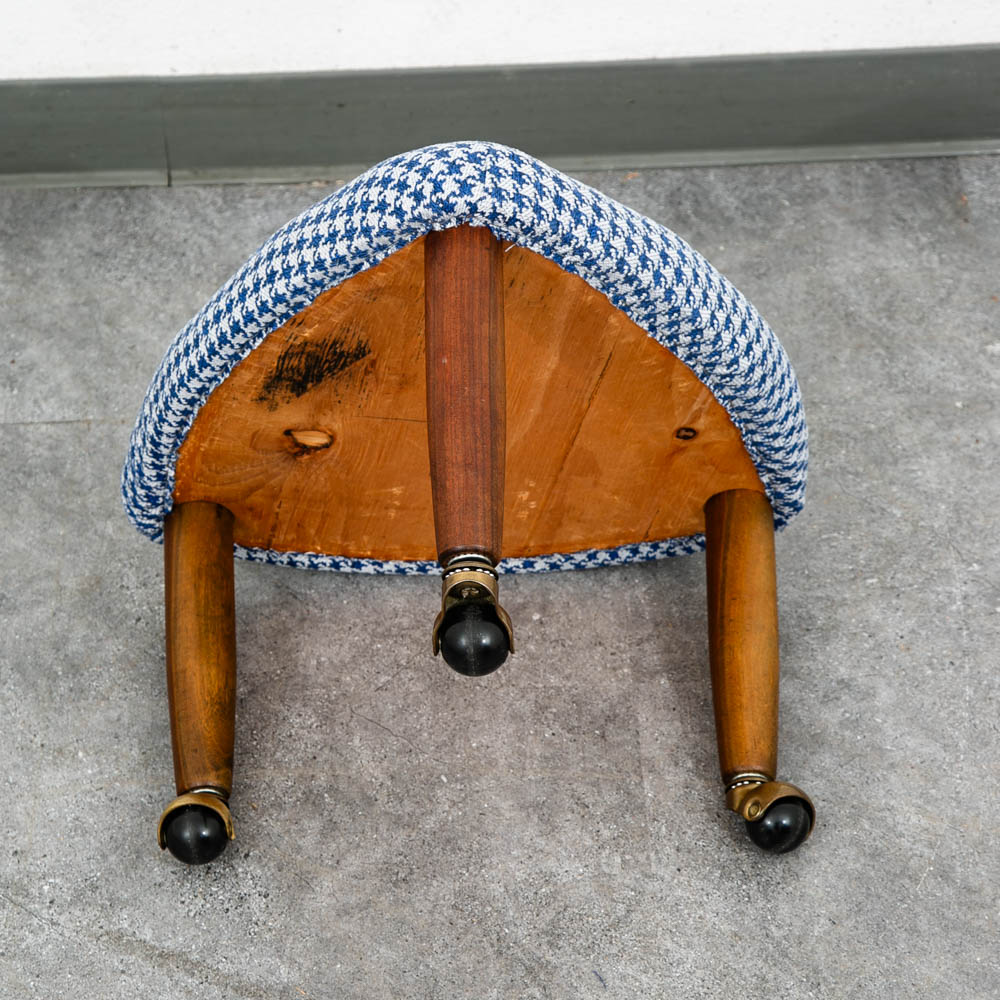 Mid Century Danish Modern Tripod Ottoman 3 legs Wood Rolling Blue White Triangle - Image 4
