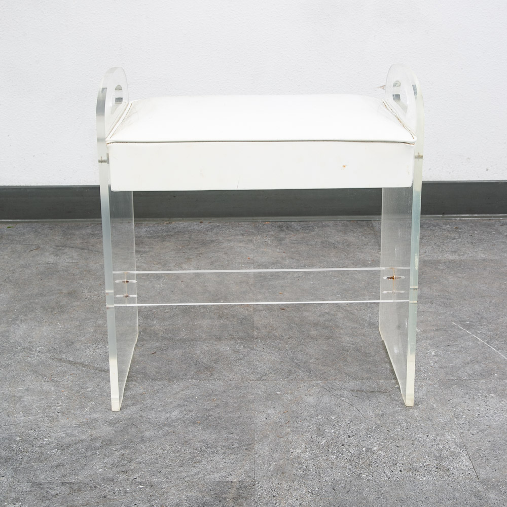 Mid Century Modern Stool Seat Vanity Lucite White Vintage Rectanfular Handles - Image 3