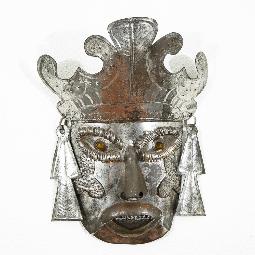 Mid Century Modern Tin Mask Wall Decor Mexican Folk Art Wall Hanging Silver - Image 2