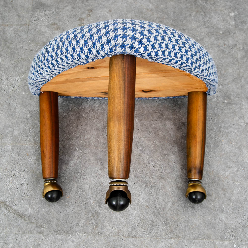 Mid Century Danish Modern Tripod Ottoman 3 legs Wood Rolling Blue White Triangle - Image 10