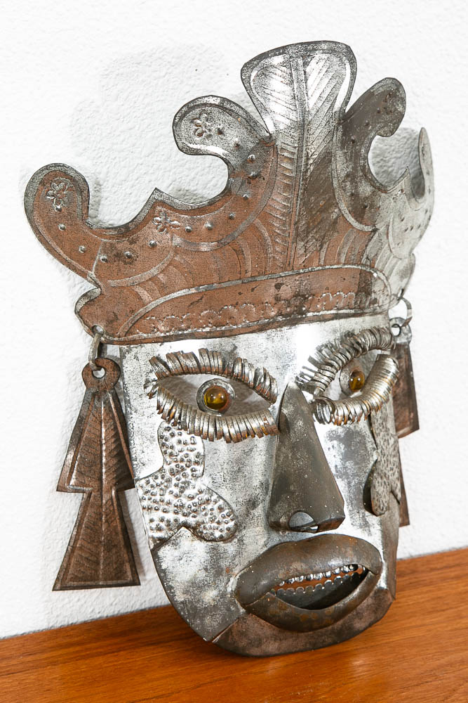 Mid Century Modern Tin Mask Wall Decor Mexican Folk Art Wall Hanging Silver - Image 5