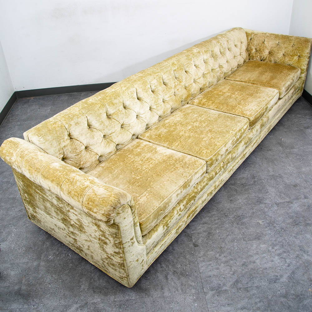 Mid Century Danish Modern Sofa Couch Green Velour 4 Seater Tufted Vintage Mcm