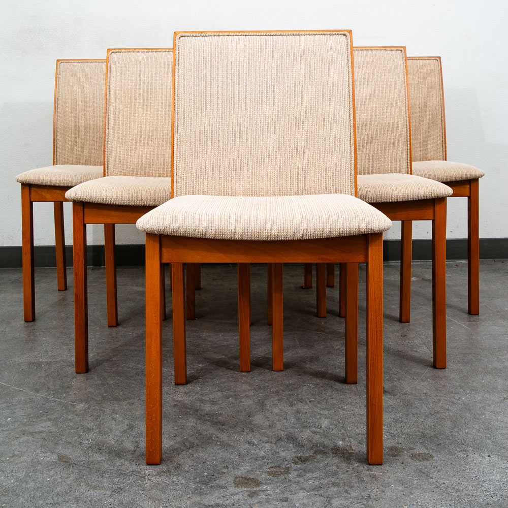 Mid Century Danish Modern Dining Chairs 6 Beech Wood Skovby Fabric Tan Set Six - Image 2
