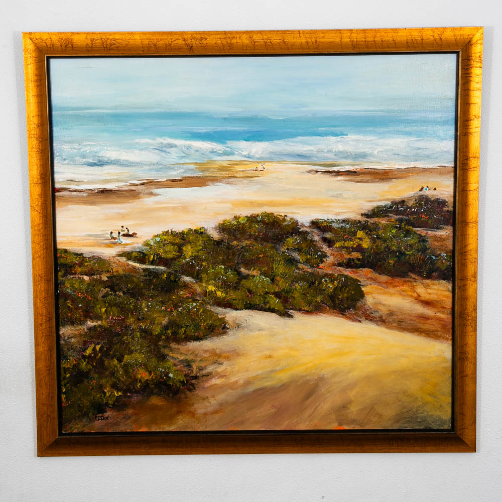 Mid Century Modern Original Landscape Beach Green Blue Tan Water Ocean 43x46 Mcm