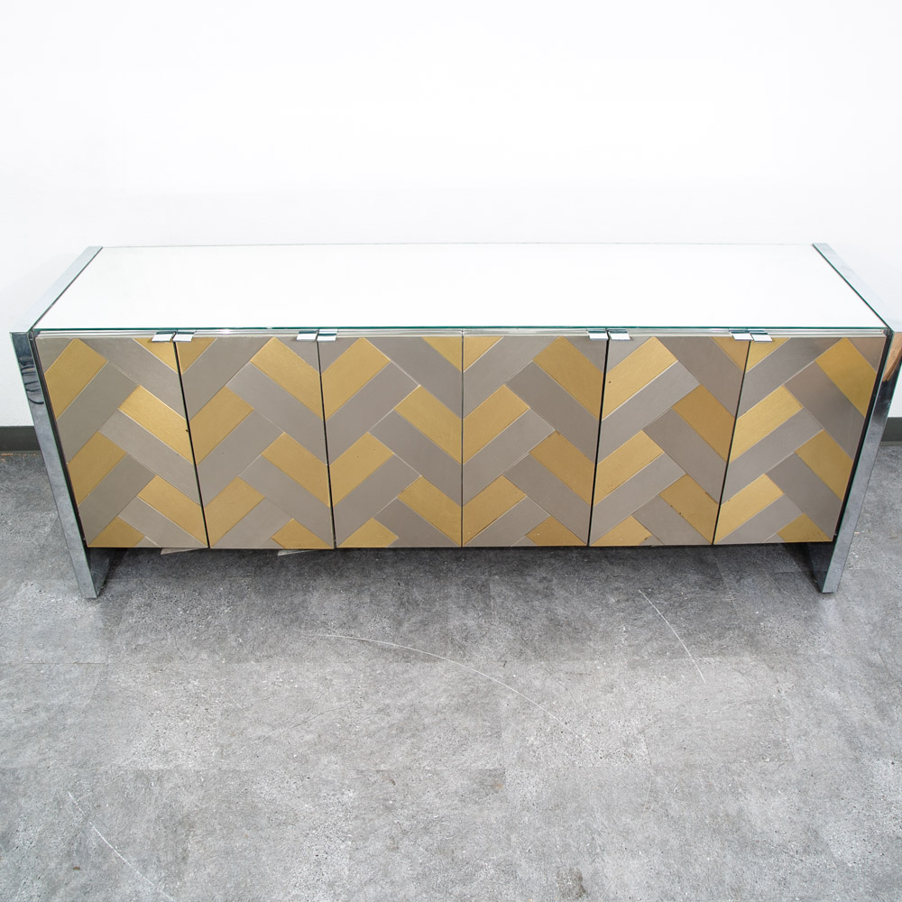 Mid Century Modern Credenza Sideboard Ello Brass Brushed Steel Herribone Drawers - Image 3