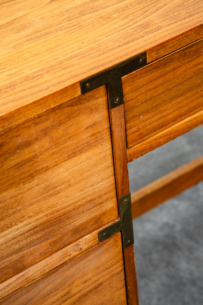 Mid Century Modern Desk Office Campaign Wood Brass Trim 4 Drawer Vintage Mcm - Image 8