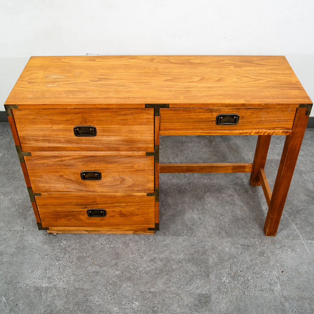 Mid Century Modern Desk Office Campaign Wood Brass Trim 4 Drawer Vintage Mcm - Image 11