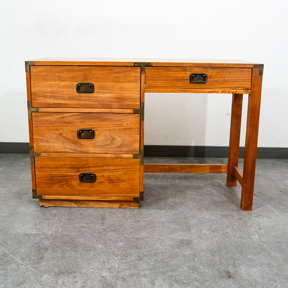 Mid Century Modern Desk Office Campaign Wood Brass Trim 4 Drawer Vintage Mcm - Image 2