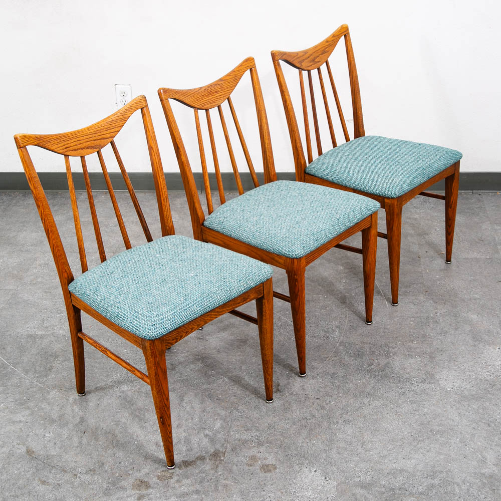 Mid Century Modern Dining Chairs Set 3 Solid Oak Keller Furniture Aqua Blue Mcm - Image 3