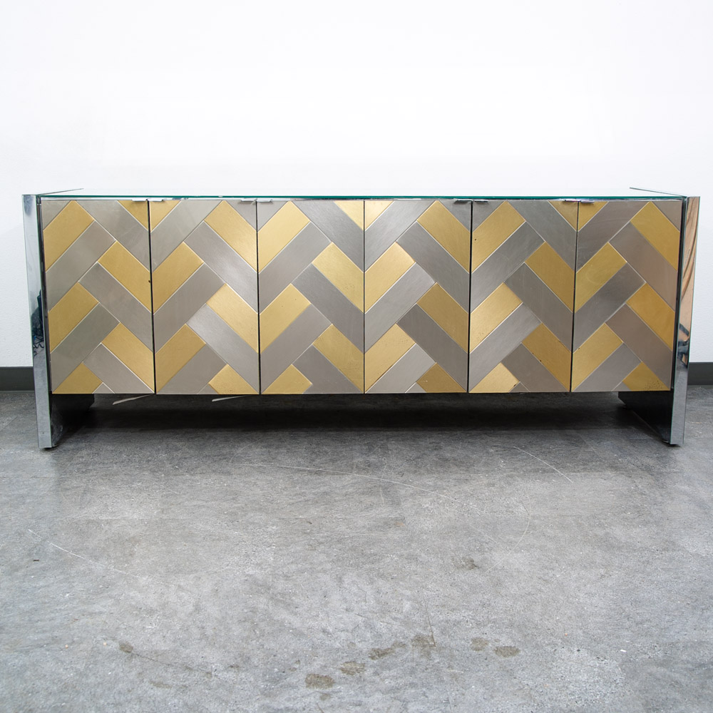 Mid Century Modern Credenza Sideboard Ello Brass Brushed Steel Herribone Drawers