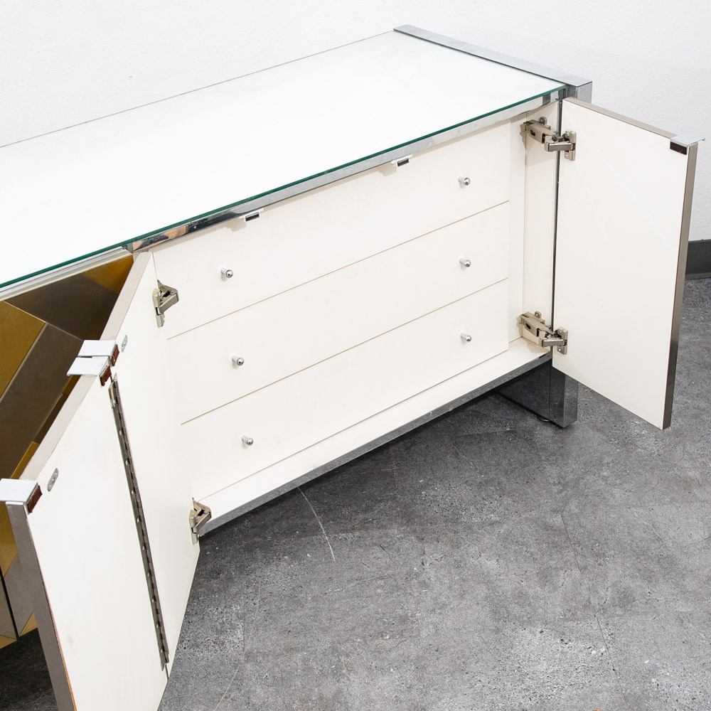 Mid Century Modern Credenza Sideboard Ello Brass Brushed Steel Herribone Drawers - Image 4