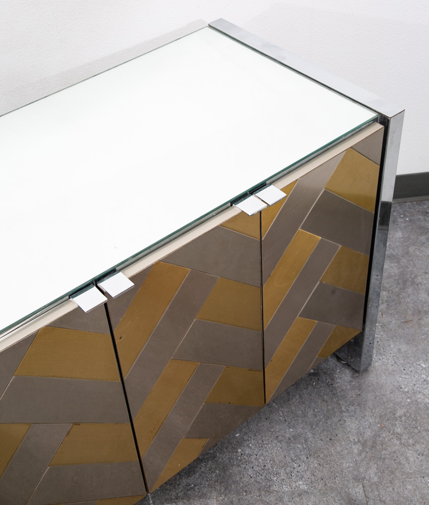 Mid Century Modern Credenza Sideboard Ello Brass Brushed Steel Herribone Drawers - Image 5