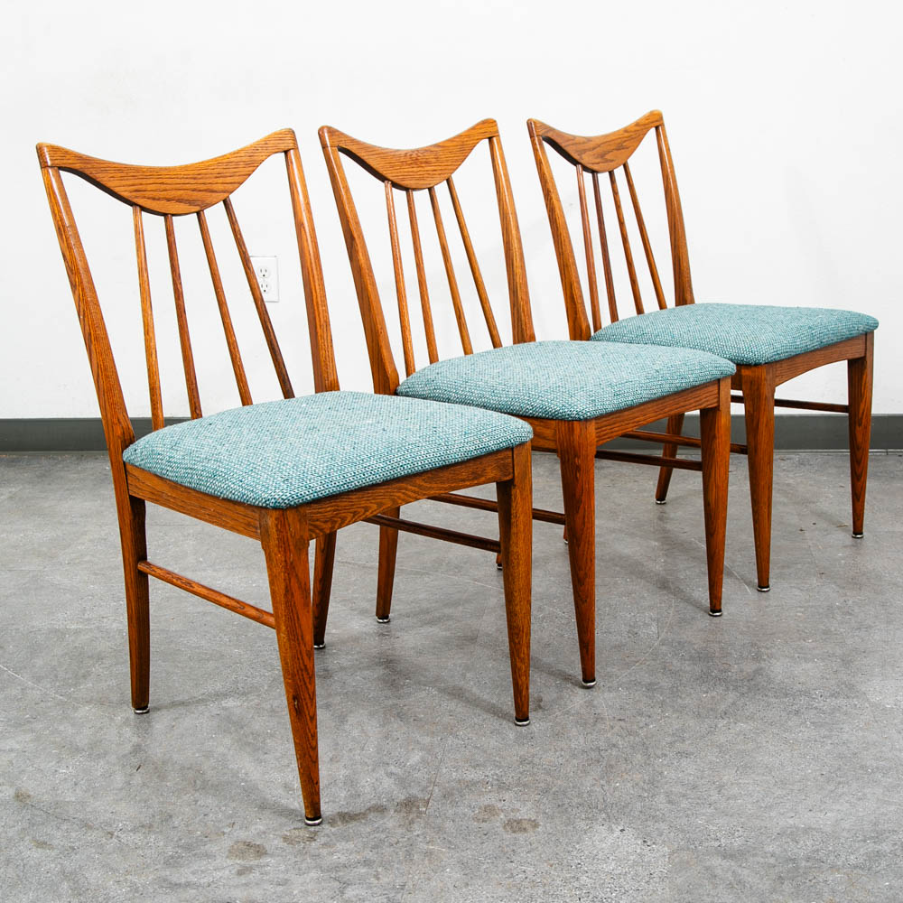 Mid Century Modern Dining Chairs Set 3 Solid Oak Keller Furniture Aqua Blue Mcm