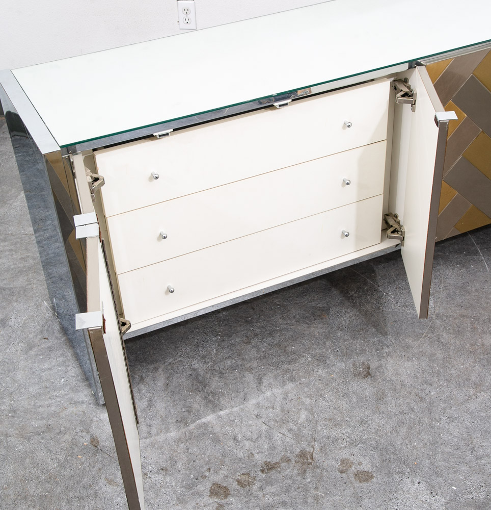 Mid Century Modern Credenza Sideboard Ello Brass Brushed Steel Herribone Drawers - Image 6