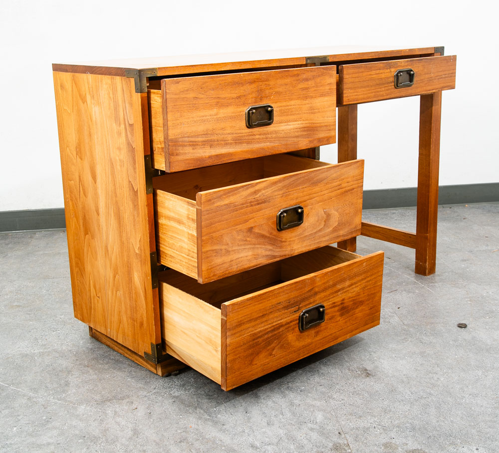 Mid Century Modern Desk Office Campaign Wood Brass Trim 4 Drawer Vintage Mcm - Image 4