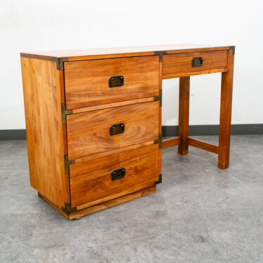 Mid Century Modern Desk Office Campaign Wood Brass Trim 4 Drawer Vintage Mcm